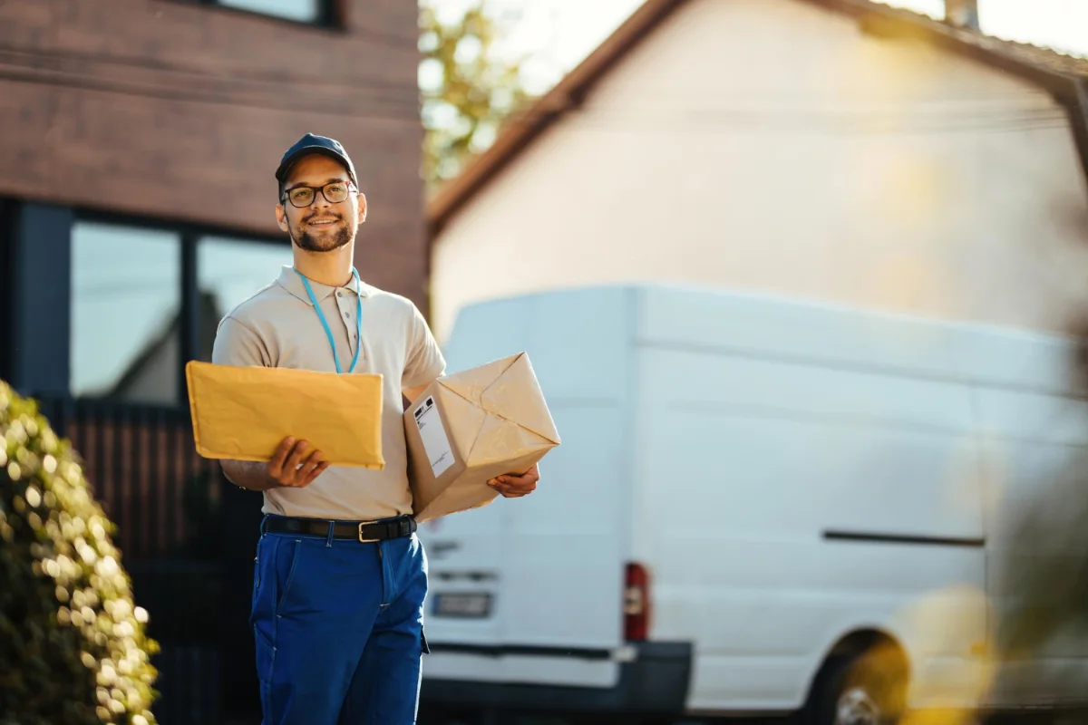 A MULTIIS courier with parcels beside the delivery van
