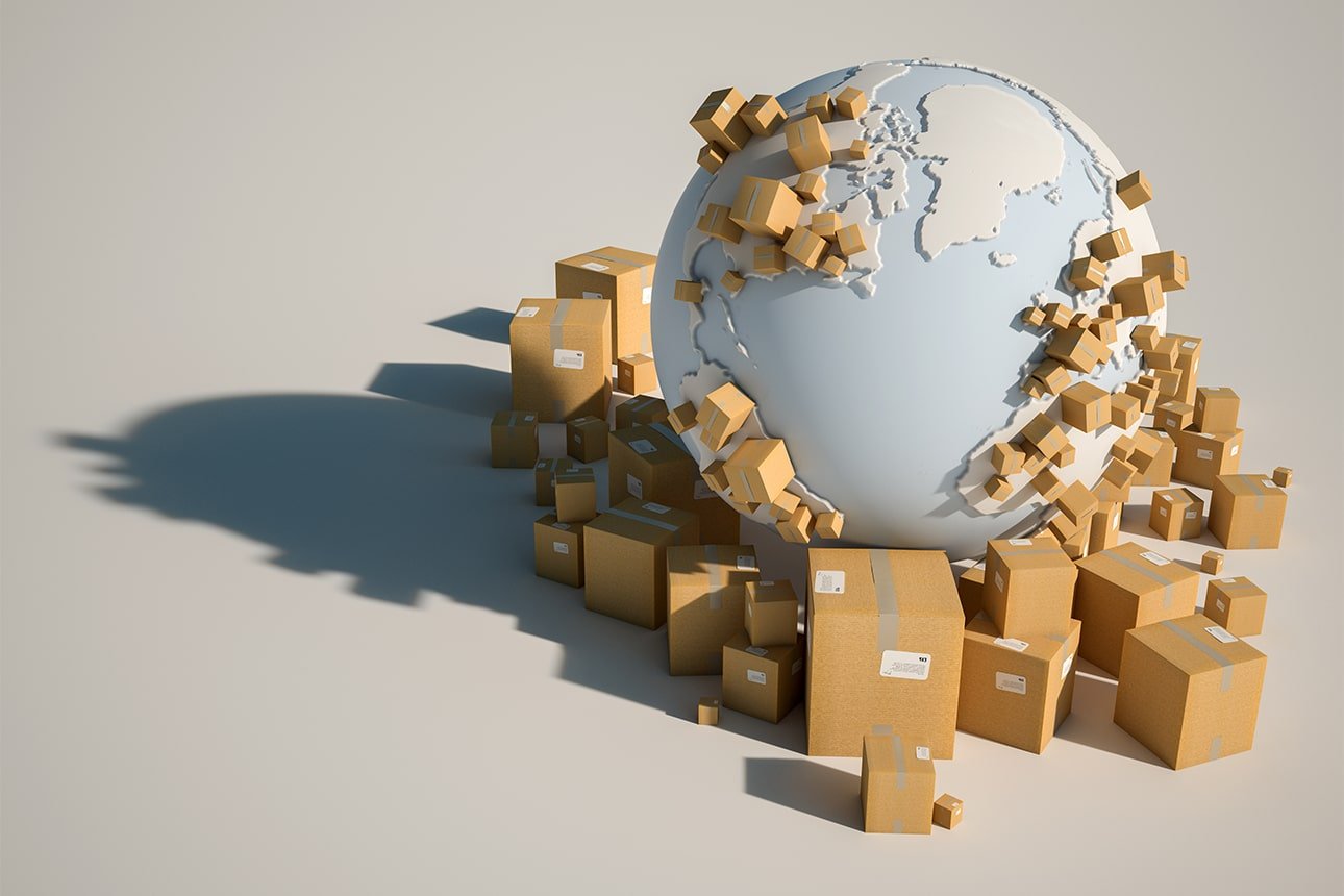 Cartons moving around the globe on a working supply chain