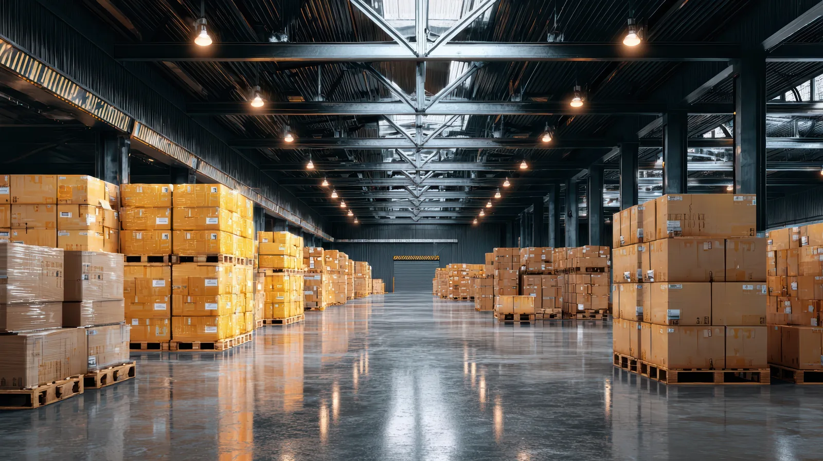 Pallets stacked down the aisle of a managed MULTIIS warehouse